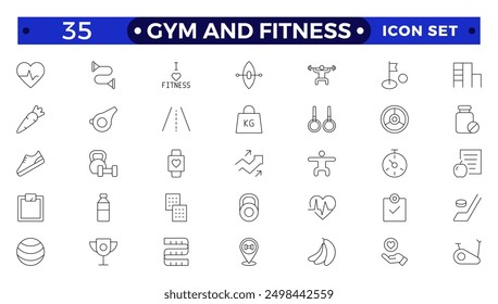 Gym and fitness icon set. Containing healthy lifestyle, weight training, body care and workout or exercise equipment icons. Outline icon collection. 
