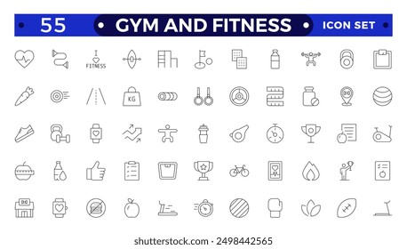 Gym and fitness icon set. Containing healthy lifestyle, weight training, body care and workout or exercise equipment icons. Outline icon collection. 
