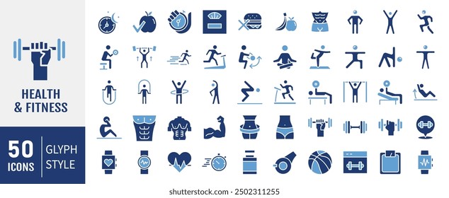 Gym and fitness icon set. Containing healthy lifestyle, weight training, body care and workout icons. Solid icons vector collection.