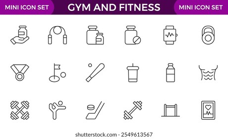 Gym and fitness icon set. Containing healthy lifestyle, weight training, body care and workout or exercise equipment icons. Outline icon collection.