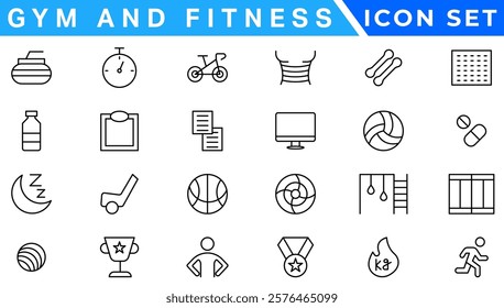 Gym and fitness icon set. Containing healthy lifestyle, weight training, body care and workout or exercise equipment icons. Solid icons vector collection.