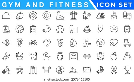 Gym and fitness icon set. Containing healthy lifestyle, weight training, body care and workout or exercise equipment icons. Solid icons vector collection.