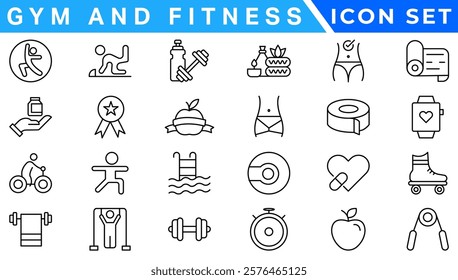 Gym and fitness icon set. Containing healthy lifestyle, weight training, body care and workout or exercise equipment icons. Solid icons vector collection.