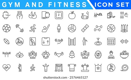 Gym and fitness icon set. Containing healthy lifestyle, weight training, body care and workout or exercise equipment icons. Solid icons vector collection.