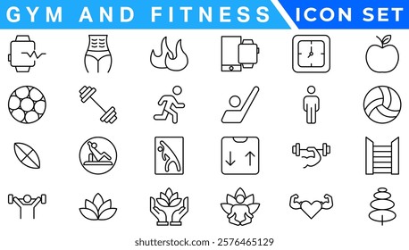 Gym and fitness icon set. Containing healthy lifestyle, weight training, body care and workout or exercise equipment icons. Solid icons vector collection.