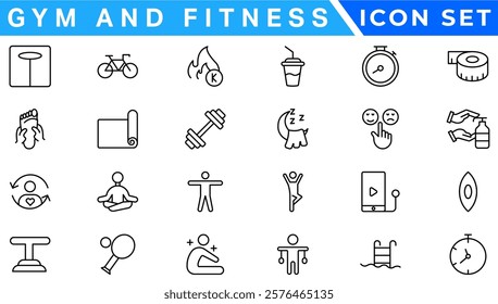 Gym and fitness icon set. Containing healthy lifestyle, weight training, body care and workout or exercise equipment icons. Solid icons vector collection.