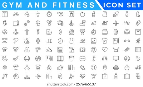 Gym and fitness icon set. Containing healthy lifestyle, weight training, body care and workout or exercise equipment icons. Solid icons vector collection.