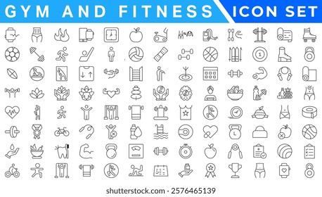 Gym and fitness icon set. Containing healthy lifestyle, weight training, body care and workout or exercise equipment icons. Solid icons vector collection.