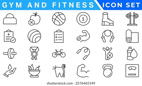 Gym and fitness icon set. Containing healthy lifestyle, weight training, body care and workout or exercise equipment icons. Solid icons vector collection.