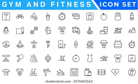 Gym and fitness icon set. Containing healthy lifestyle, weight training, body care and workout or exercise equipment icons. Solid icons vector collection.