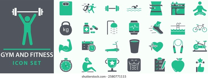 Gym and fitness icon set. Containing healthy lifestyle, weight training, body care and workout or exercise equipment icons. Set icons vector collection.