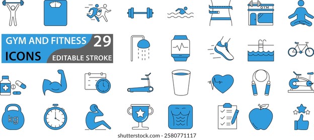 Gym and fitness icon set. Containing healthy lifestyle, weight training, body care and workout or exercise equipment icons. Set icons vector collection.