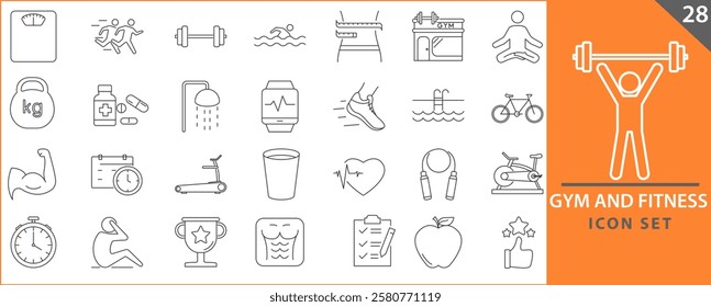 Gym and fitness icon set. Containing healthy lifestyle, weight training, body care and workout or exercise equipment icons. Set icons vector collection.