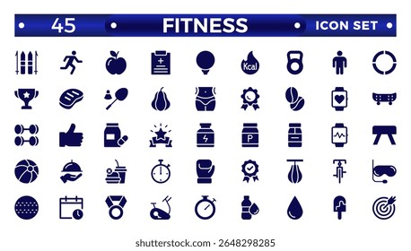 Gym and fitness icon set. Containing healthy lifestyle, weight training, body care, and workout or exercise equipment icons. Solid icon collection. 
