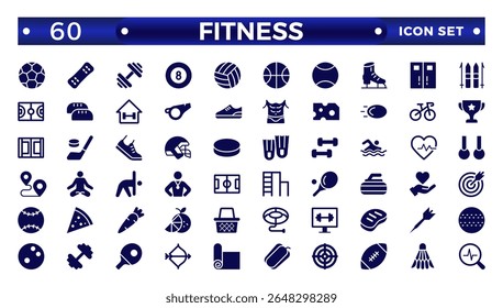 Gym and fitness icon set. Containing healthy lifestyle, weight training, body care, and workout or exercise equipment icons. Solid icon collection. 
