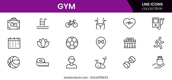 Gym and fitness icon set. It contains healthy lifestyle, weight training, body care, and workout or exercise equipment icons. Vector illustration web line icon collection 