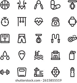 Gym and Fitness Icon Set featuring 25 simple line-style icons, perfect for fitness apps, gym branding, workout guides, and health-related projects.