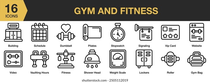 GYM And Fitness icon set. Includes pilates, roller, signaling, video, weight scale, and More. Outline icons vector collection.