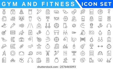 Gym and fitness icon set. Fitness Line Editable Icons set. Vector illustration in modern thin line style of sport related icons: types of physical activity, proper nutrition, and sports equipment.