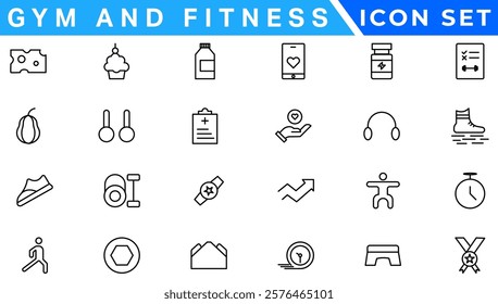 Gym and fitness icon set. Fitness Line Editable Icons set. Vector illustration in modern thin line style of sport related icons: types of physical activity, proper nutrition, and sports equipment.