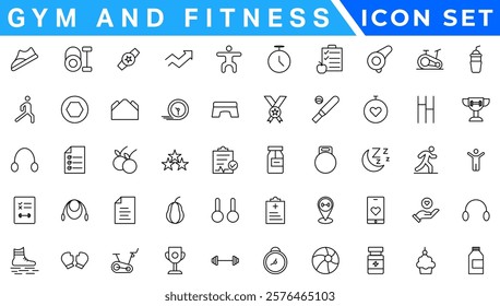 Gym and fitness icon set. Fitness Line Editable Icons set. Vector illustration in modern thin line style of sport related icons: types of physical activity, proper nutrition, and sports equipment. 