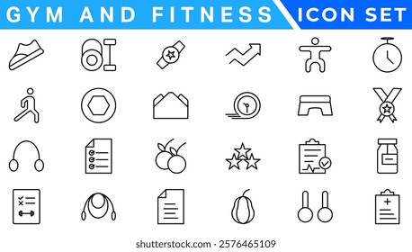 Gym and fitness icon set. Fitness Line Editable Icons set. Vector illustration in modern thin line style of sport related icons: types of physical activity, proper nutrition, and sports equipment.