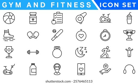 Gym and fitness icon set. Fitness Line Editable Icons set. Vector illustration in modern thin line style of sport related icons: types of physical activity, proper nutrition, and sports equipment.