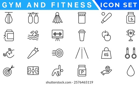 Gym and fitness icon set. Fitness Line Editable Icons set. Vector illustration in modern thin line style of sport related icons: types of physical activity, proper nutrition, and sports equipment.