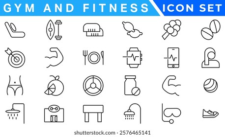 Gym and fitness icon set. Fitness Line Editable Icons set. Vector illustration in modern thin line style of sport related icons: types of physical activity, proper nutrition, and sports equipment.