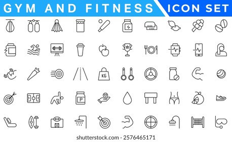 Gym and fitness icon set. Fitness Line Editable Icons set. Vector illustration in modern thin line style of sport related icons: types of physical activity, proper nutrition, and sports equipment.