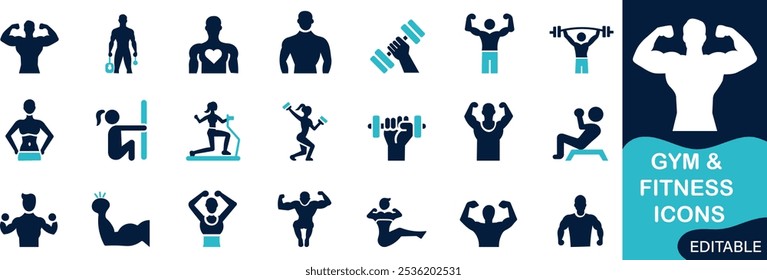 Gym and fitness icon set. Solid flat vector icons collection.