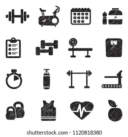 Gym And Fitness Icons. Black Scribble Design. Vector Illustration.
