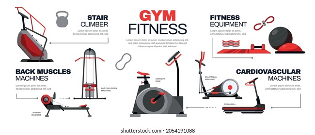 Gimnasio infografía con escaladores de espalda músculos máquina fitness equipo máquinas cardiovasculares descripciones ilustración vectorial