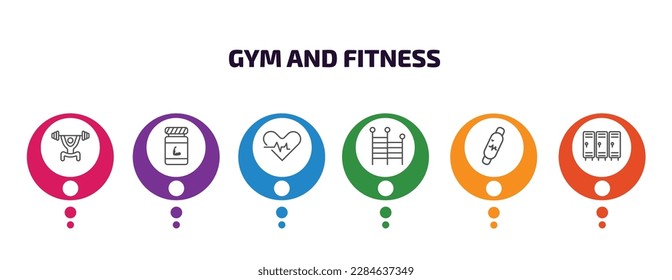 gym and fitness infographic template with icons and 6 step or option. gym and fitness icons such as lifting barbell, phytonutrients, fitness heart, gym ladder, bracelet, locker vector. can be used