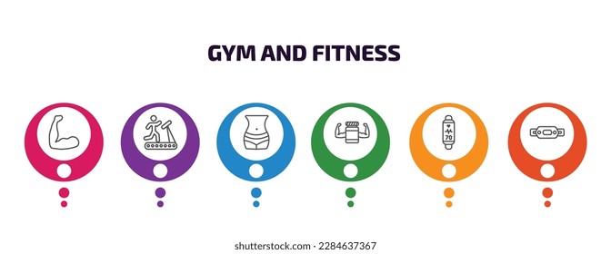 gym and fitness infographic template with icons and 6 step or option. gym and fitness icons such as muscles, running treadmill, fitness body, protein, tracker, belt vector. can be used for banner,