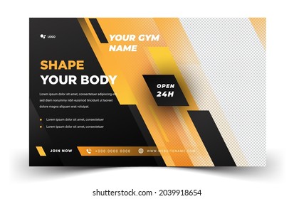 GYM fitness landscape banner with elegant design yellow black color. vector EPS 