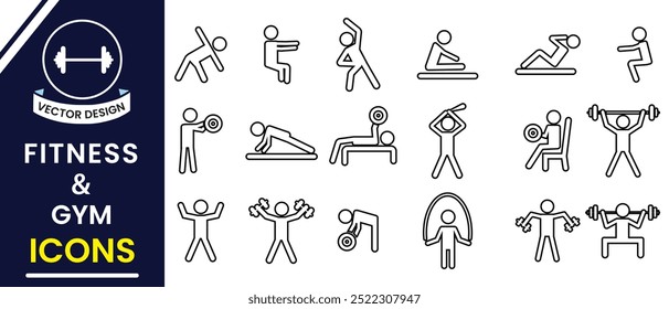 Conjunto de iconos de silueta de arte de línea de gimnasio y fitness. Conjunto de iconos planos de gimnasio, fitness y ejercicio. Icono de fitness y gimnasio, conjunto de Vector. Conjunto de gimnasio y entrenamiento, Ilustración vectorial.