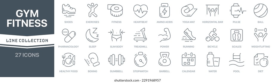 Gym and fitness linear signed icon collection. Signed thin line icons collection. Set of gym and fitness simple outline icons