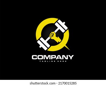 Gym And Fitness Logo Inspiration With Lighting Hand And Barbell Or Iron Dumbell Elements In Bold Circle Shape. A Symbol Of Strong Muscle, Athletic, Power.