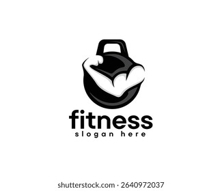gym fitness logo, muscular arms inside fitness equipment logo design template