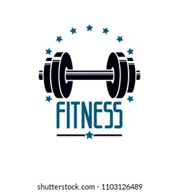 Gym and fitness logo template, retro style vector emblem. With barbell.