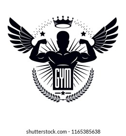 Gym and fitness logo template, retro stylized vector emblem or badge with wings. With bodybuilder silhouette.