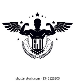 Gym and fitness logo template, retro stylized vector emblem or badge with wings. With bodybuilder silhouette.