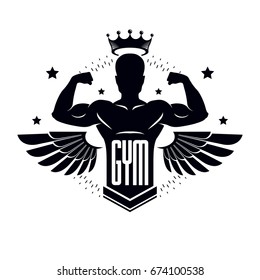Gym and fitness logo template, retro stylized vector emblem or badge with wings. With bodybuilder silhouette.