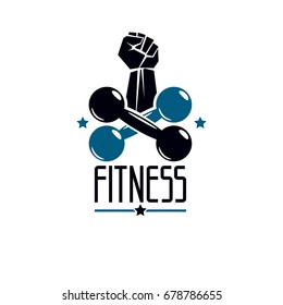 Gym and fitness logo template, retro style vector emblem. With barbell and strong hand fist.