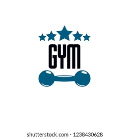 Gym and fitness logo template, vintage style vector emblem. With dumbbell.