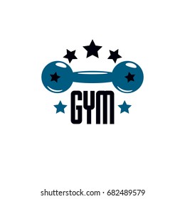 Gym and fitness logo template, vintage style vector emblem. With dumbbell.