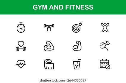 Gym Fitness, Modern Line Icon Set – Professional and Unique Collection Featuring Workout, Exercise, Health, Strength, and Training Symbols