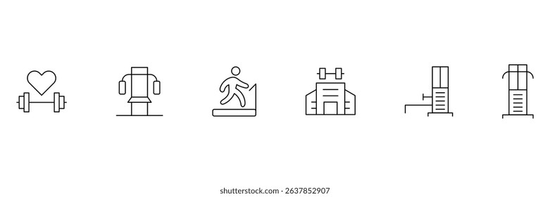 Gym and fitness outline icon set. Fitness and wellness healthy lifestyle. Fitness icon, Gym icon, Healthy Lifestyle, Weight Training, Body care. Vector illustration.