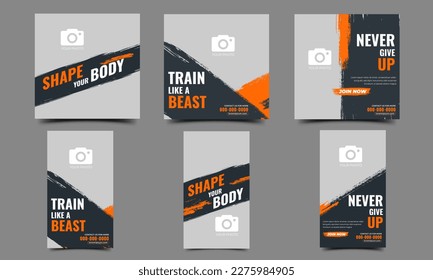 Gym and fitness promotion social media post and story template. Editable banner with brush shape background